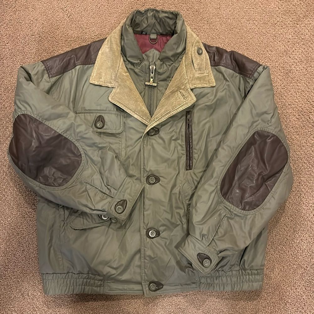 Neiman Marcus Vintage Olive Green & Brown Leather Trim Corduroy Jacket Size 42